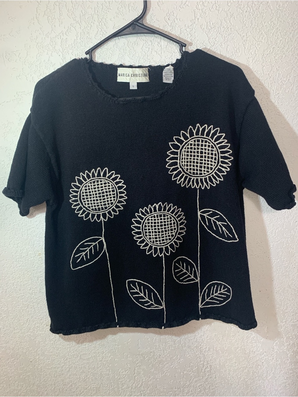 Marisa Christina Black Short Sleeve Knit Top with White Sunflower Embroidery